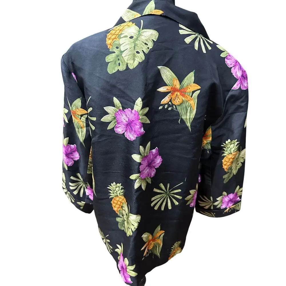 Silkland 100% Silk jacket Blazer Black Tropical Flowers 16 Resort vacation beach - Picture 2 of 13